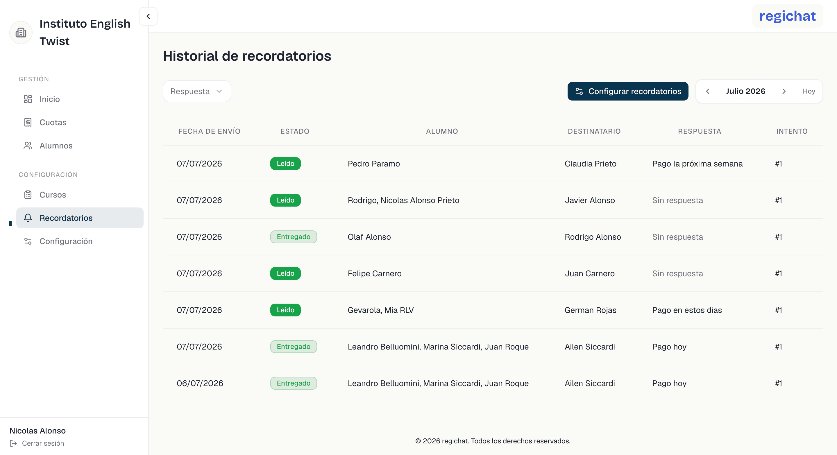 Panel de regichat con el listado de recordatorios enviados. Cada fila muestra la fecha de envío, si el mensaje fue entregado o leído, el alumno, el destinatario y la respuesta: Pago hoy, Pago en estos días o Pago la próxima semana.